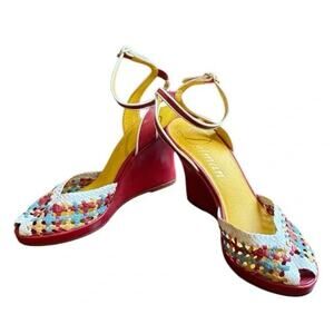Vintage Delman Women's Red Leather Woven Peep Toe Wedge Sandals Size 8